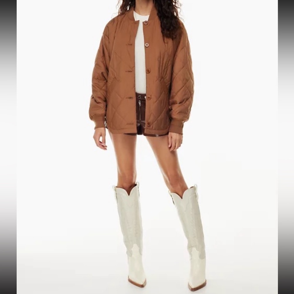 Aritzia Quilted Bomber Jacket in Caramel Brown - Picture 2 of 6